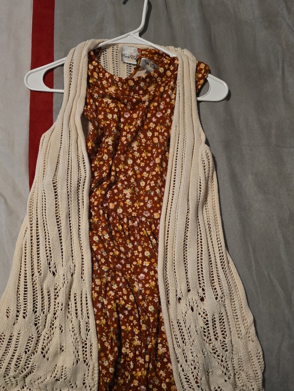 Rare Editions Cream Open-Knit Vest with Rust Floral Dress